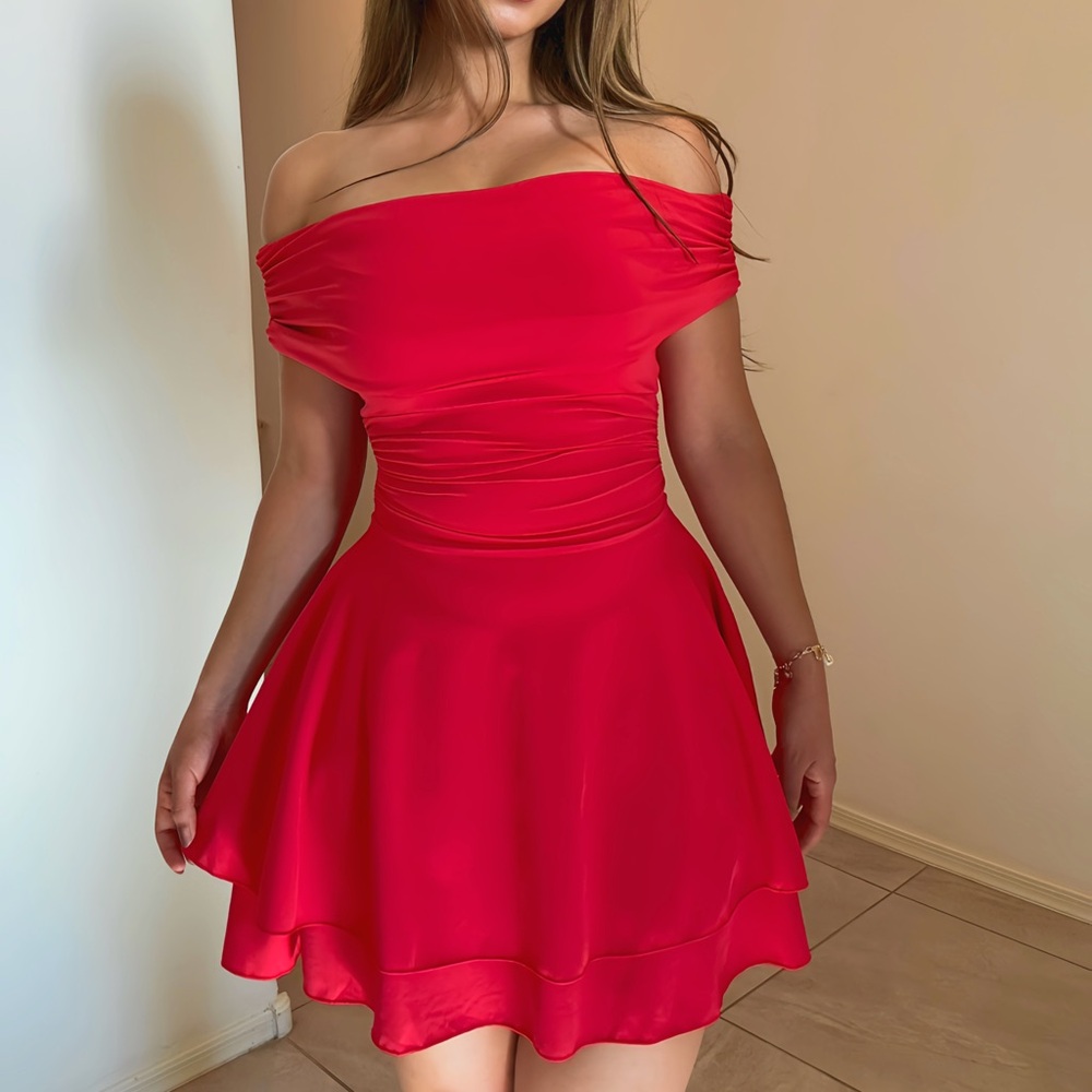 Off-Shoulder Red Fit & Flare Dress